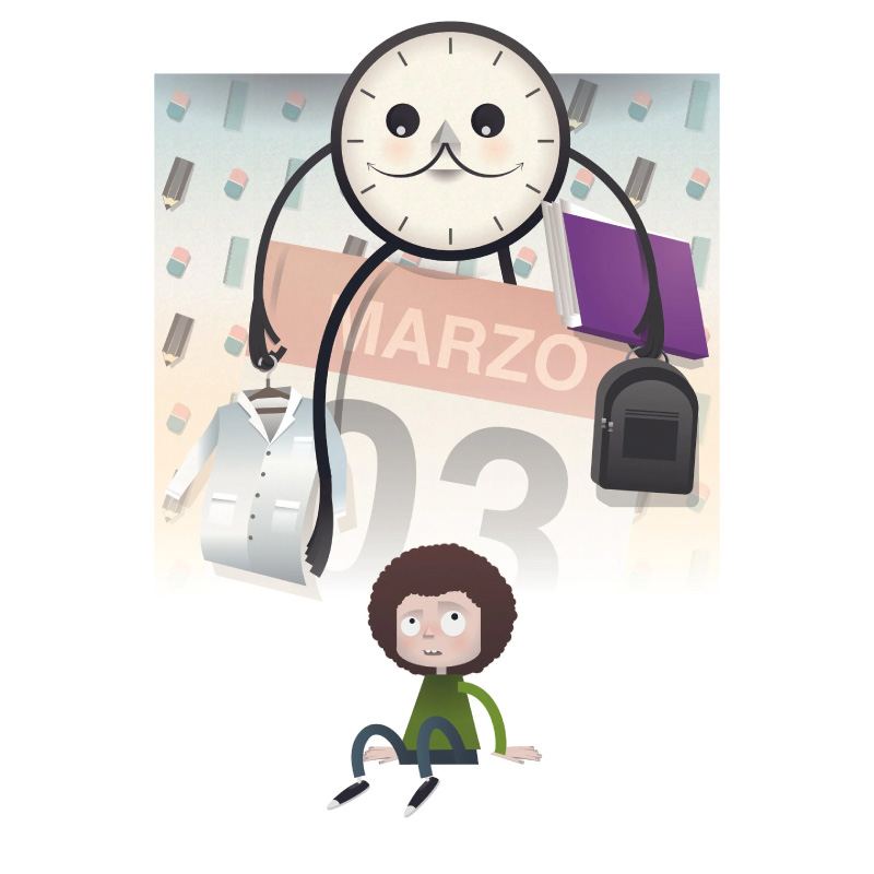 Reloj personaje, útiles escolares y niño — Marzo