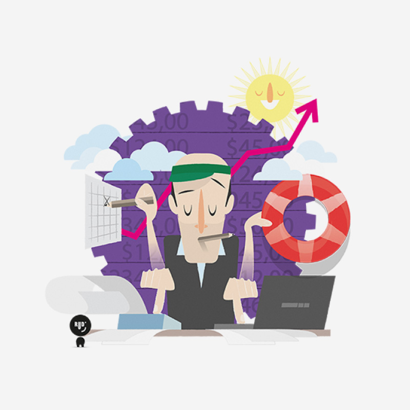 Empresario multitarea con símbolos de economía