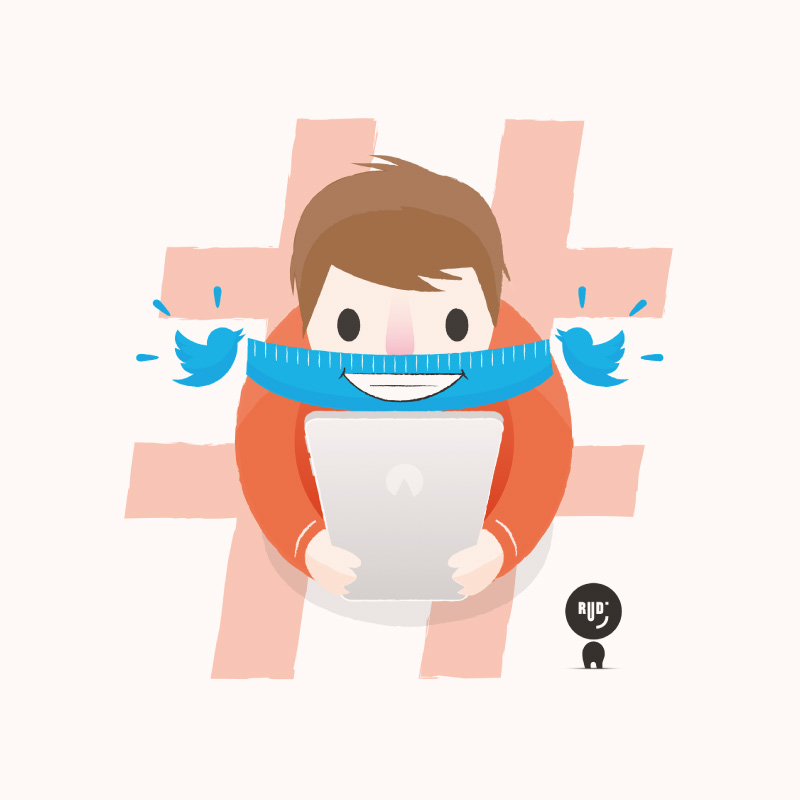 Hombre con laptop, pájaros de Twitter y hashtag