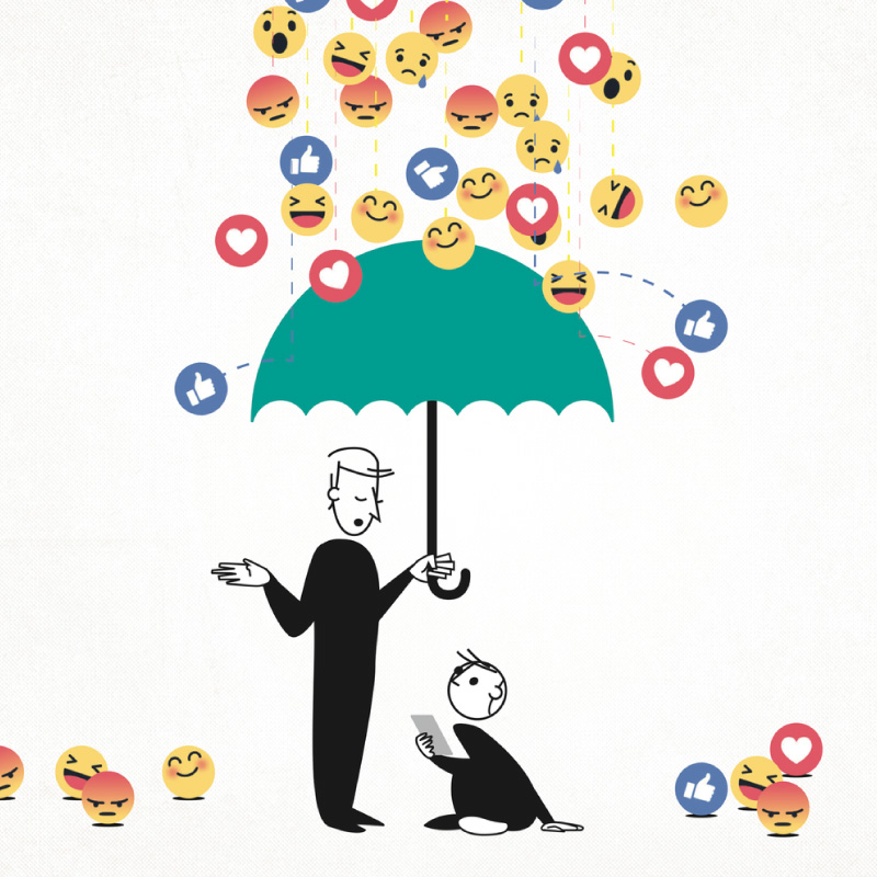 Paraguas con emojis lloviendo